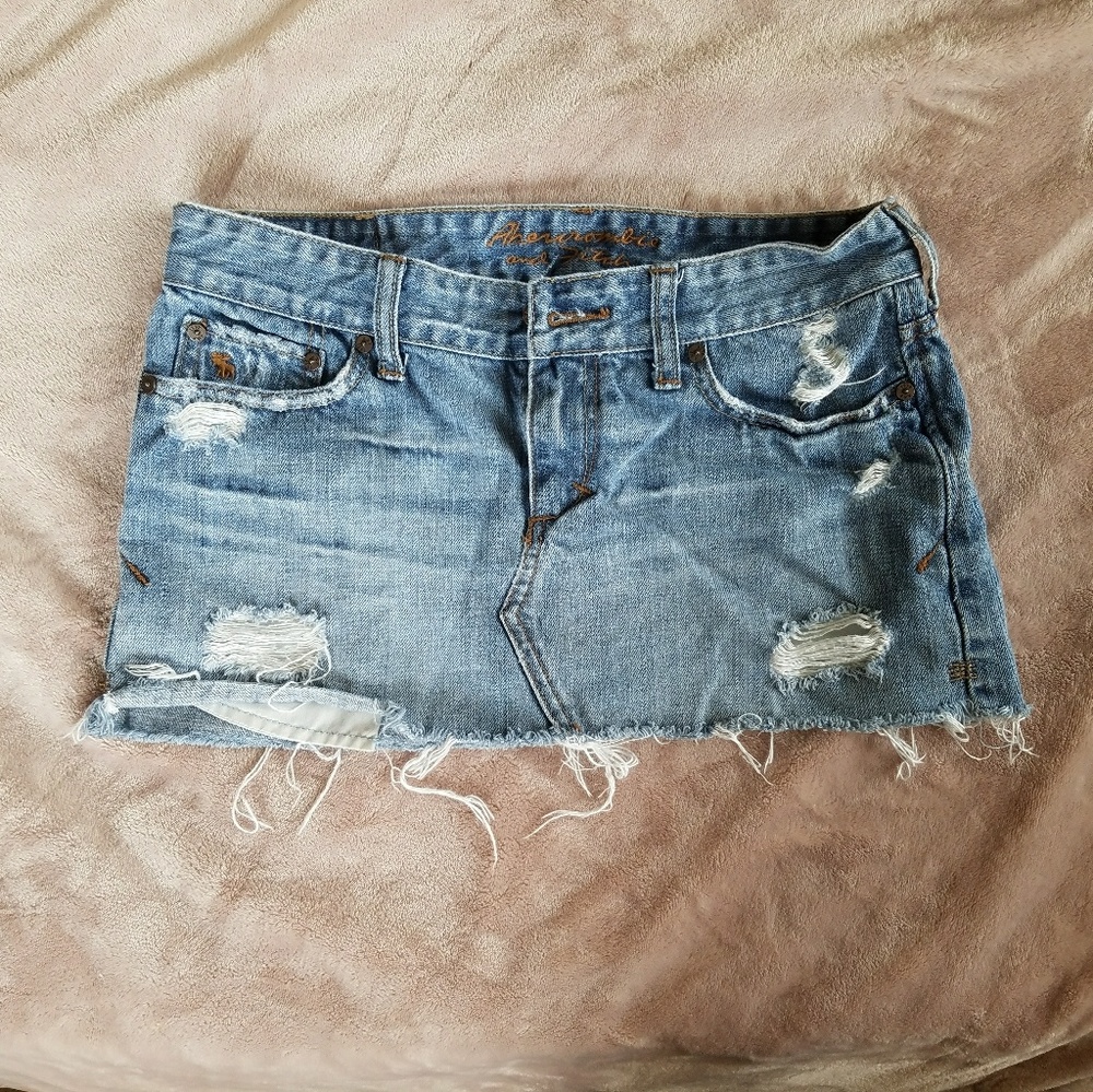 A&F denim distressed mini skirt